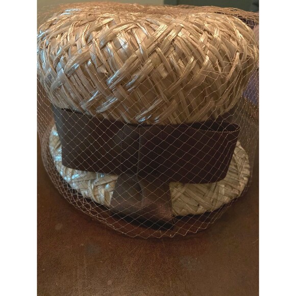 Vintage 60s Hat 1960s Straw XL Pillbox Cloche Netting Jackie Kennedy Mod Retro - Picture 7 of 9